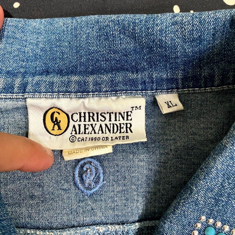 Christine Alexander Jacket Women XL Blue Cotton Denim Basic Embellished Stretch - Picture 2 of 8